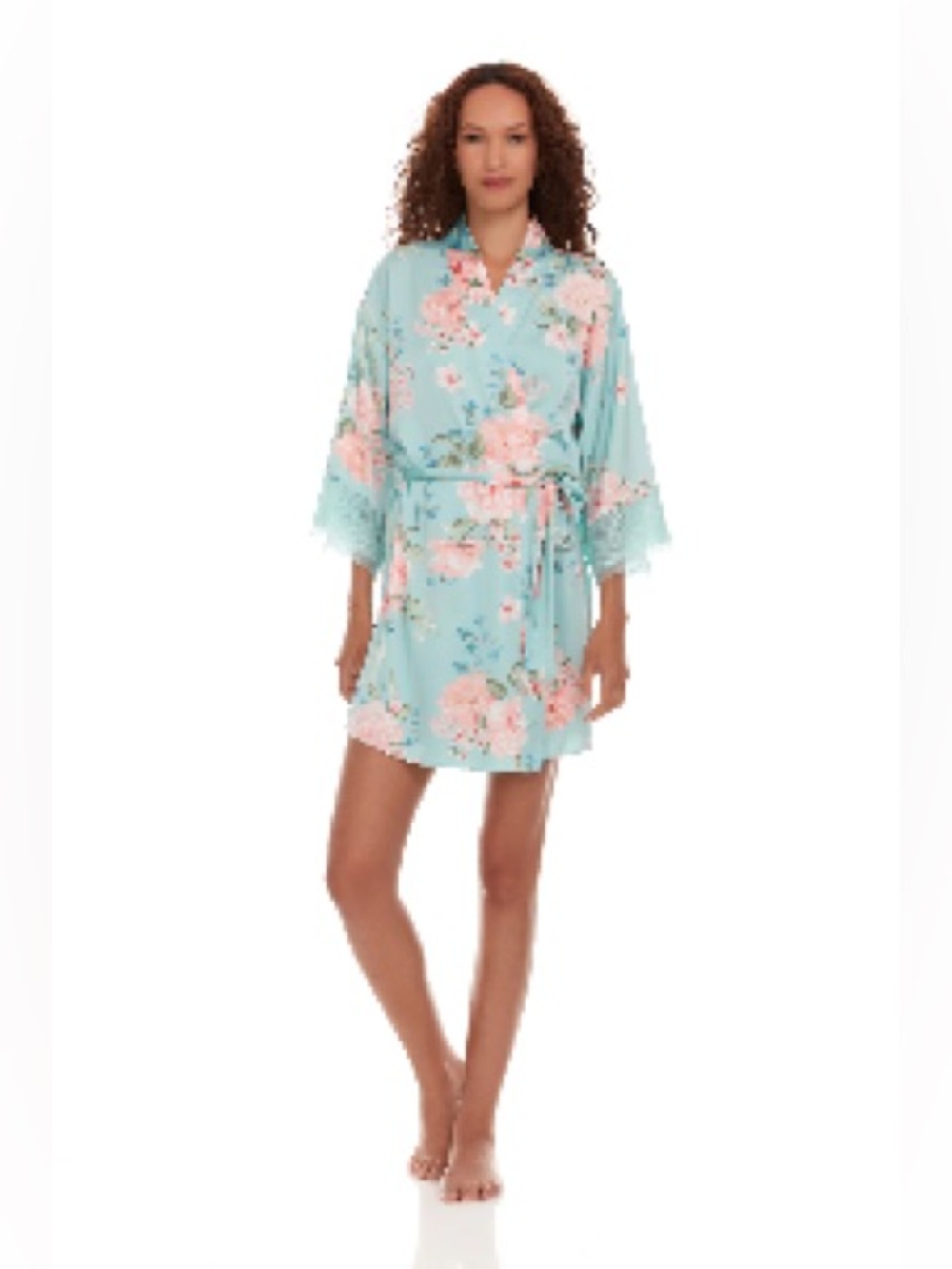 NWT Flora by Flora Nikrooz Floral Satin Wrap Robe Lace Trim Large